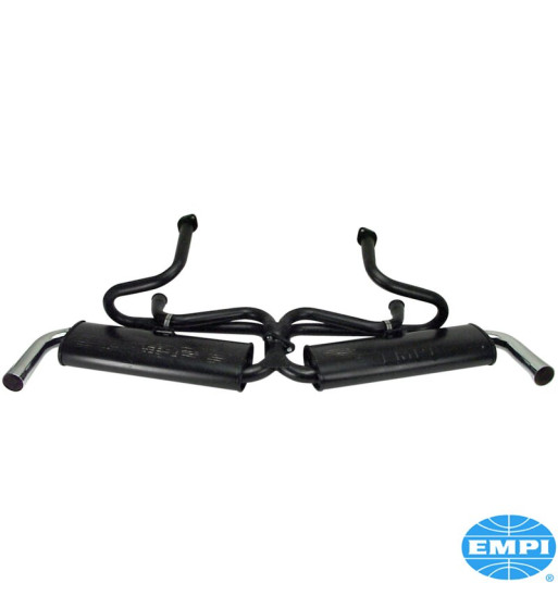 Exhaust system, Dual Quiet, 1 3/8 tubing, small 3-bolt flange, with two tail pipes. Made of steel with black paint, tail pipes c Exhaust system, Dual Quiet, 1 3/8 tubing, small 3-bolt flange, with two tail pipes. Made of steel with black paint, tail pipes c
