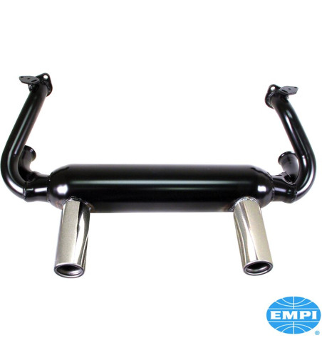 Exhaust system, GT, 1 3/8 tubing, with two tail pipes. Including flex hose and hardware. Made of steel with black paint, tail pi