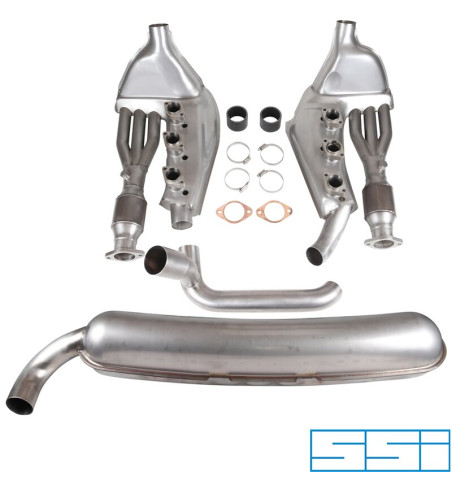 Exhaust set, Sport, with one Ø70 mm tail pipe and dual inlet, Ø41/Ø60 mm heat exchangers and catalytic converters. Made of stain