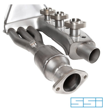 Exhaust set, Sport, with one Ø70 mm tail pipe and dual inlet, Ø41/Ø60 mm heat exchangers and catalytic converters. Made of stain