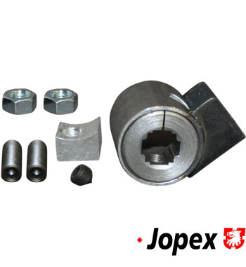 Front axle beam adjuster. The adjuster can be welded in place to raise or lower the ride height. Fits vehicles with ball joint. 