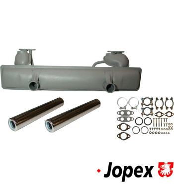 Exhaust set rear, with two tail pipes and mounting kit. Made of steel with grey paint, tail pipes of chromed steel. With TÜV/EEC