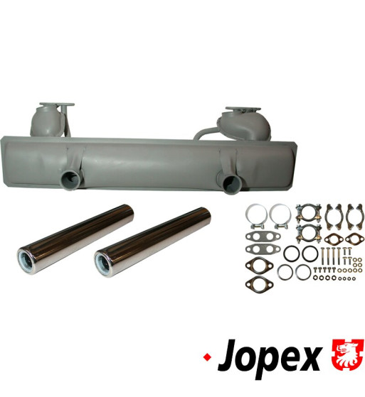 Exhaust set rear, with two tail pipes and mounting kit. Made of steel with grey paint, tail pipes of chromed steel. With TÜV/EEC Exhaust set rear, with two tail pipes and mounting kit. Made of steel with grey paint, tail pipes of chromed steel. With TÜV/EEC