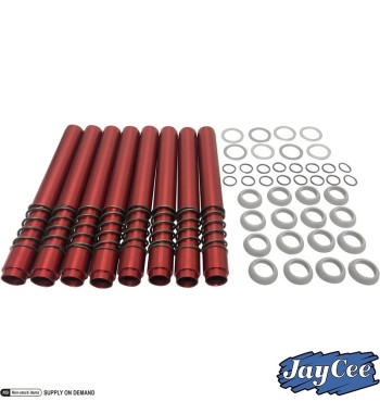 Push rod tube set with seals, leak proof, 8 pieces. Made of aluminium, red. With a larger inside than standard, they help clear 