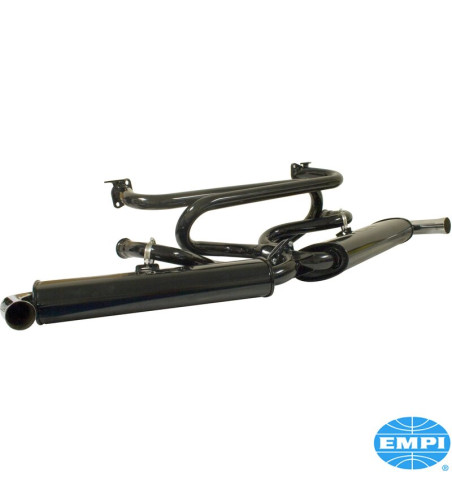 Exhaust system, Empi Premium, Dual Quiet, with two tail pipes. Including gaskets, stainless steel bolts and copper nuts. Made of