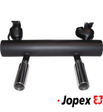 Exhaust rear, Sport, Classic Style, with two super tail pipes. Made of aluminised steel with black paint, tail pipes of polished