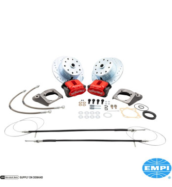 Disc brake conversion set, rear, with emergency brake, with red powder coated caliper, Wilwood. The kit includes all the parts y