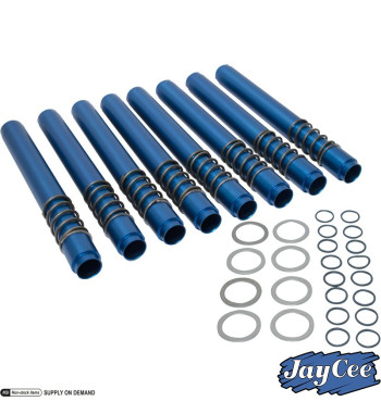 Push rod tube set with seals, leak proof, 8 pieces. Made of aluminium, blue. With a larger inside than standard, they help clear