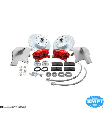 Disc brake conversion set, front, with drop spindle, with red powder coated 4 piston caliper, double drilled, 5x130 with 14x1,5 