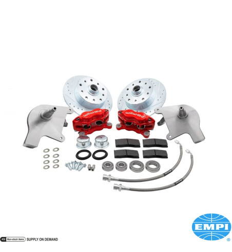 Disc brake conversion set, front, with drop spindle, with red powder coated 4 piston caliper, double drilled, 5x130 with 14x1,5 