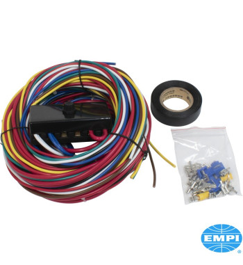Wiring harness, complete with 6 panel fuse box, fuses, wire, ends, fittings, electrical tape and instructions. Great for Buggies