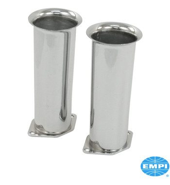 Chrome velocity stack set, 6, 2 pieces. Fits all Empi HPMX, IDF Weber and DRLA Dellorto carburettors. Aid in prevention of fuel 