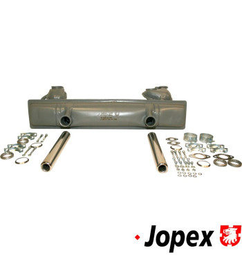 Exhaust set rear, with two tail pipes and mounting kit, OE style. Made of steel with grey paint, tail pipes of chromed steel. Wi