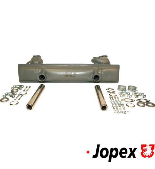 Exhaust set rear, with two tail pipes and mounting kit, OE style. Made of steel with grey paint, tail pipes of chromed steel. Wi Exhaust set rear, with two tail pipes and mounting kit, OE style. Made of steel with grey paint, tail pipes of chromed steel. Wi