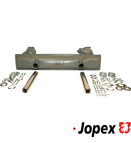 Exhaust set rear, with two tail pipes and mounting kit, OE style. Made of steel with grey paint, tail pipes of chromed steel. Wi