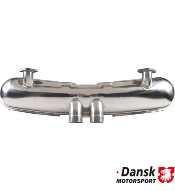 Exhaust rear, Sport, GT3 style, with two Ø90 mm center tail pipes. Made of polished stainless steel. For use together with heat