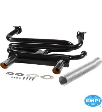 Exhaust system, GT, 1 3/8 tubing, with two tail pipes. Including flex hose and hardware. Made of steel with black paint, tail pi