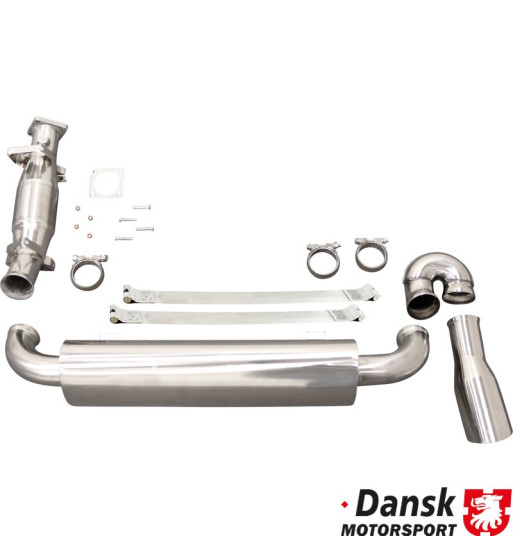Exhaust set with G-pipe replacing rear exhaust, with one Ø100 mm tail pipe and without heat exchangers. Made of stainless steel. Exhaust set with G-pipe replacing rear exhaust, with one Ø100 mm tail pipe and without heat exchangers. Made of stainless steel.