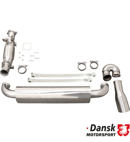 Exhaust set with G-pipe replacing rear exhaust, with one Ø100 mm tail pipe and without heat exchangers. Made of stainless steel.