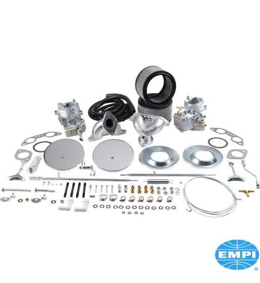 Dual carburettor kit, dual port. Brosol/Solex 40 mm carburettors, with cast manifolds and chrome top air cleaners with washable Dual carburettor kit, dual port. Brosol/Solex 40 mm carburettors, with cast manifolds and chrome top air cleaners with washable