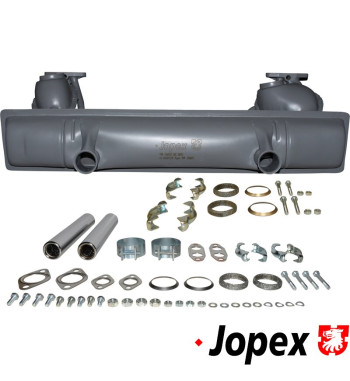 Exhaust set rear, with two tail pipes and mounting kit, OE style. Made of steel with grey paint, tail pipes of chromed steel. Wi