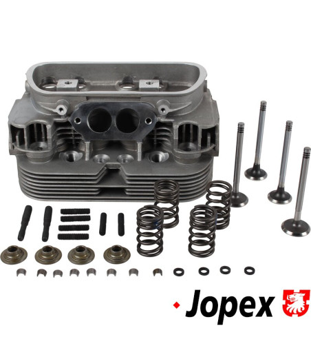 Cylinder head, 040, new, dual port, complete with loose valves. Inlet valves 35.5x8 mm and exhaust valves 32x8 mm. Spark plug M1