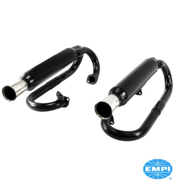Exhaust rear, Sport, Dune Buggy, Dual Style, glass packed. For use without heat exchangers. Made of steel with black paint, tips