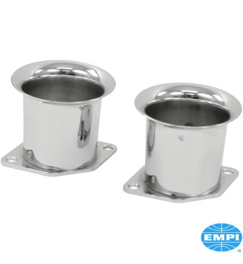 Chrome velocity stack set, 2 1/4, 2 pieces. Fits all Empi HPMX, IDF Weber and DRLA Dellorto carburettors. Aid in prevention of f