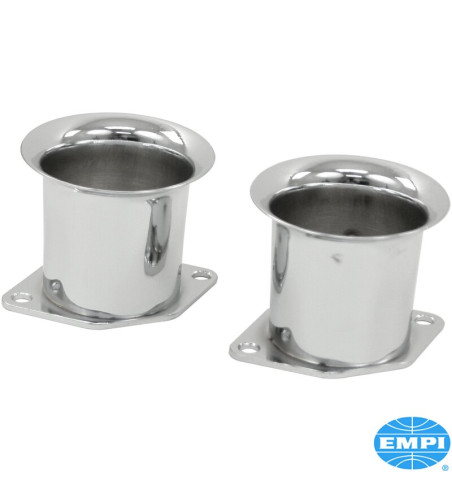 Chrome velocity stack set, 2 1/4, 2 pieces. Fits all Empi HPMX, IDF Weber and DRLA Dellorto carburettors. Aid in prevention of f