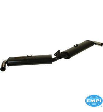 Exhaust system, Dual Quiet, with two tail pipes. Fits Empi No. 00-3100-0 and 00-3102-0 only. Made of steel with black paint, tai