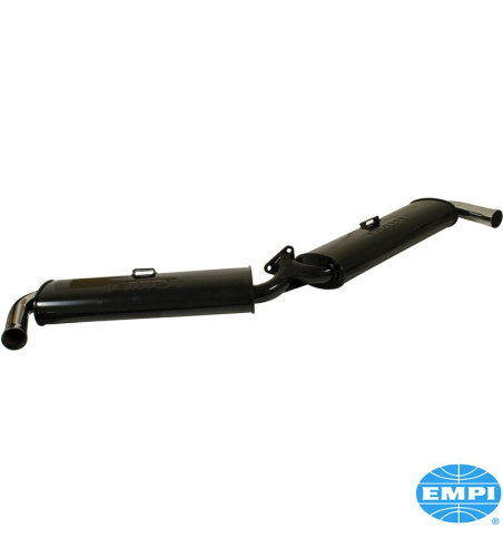 Exhaust system, Dual Quiet, with two tail pipes. Fits Empi No. 00-3100-0 and 00-3102-0 only. Made of steel with black paint, tai