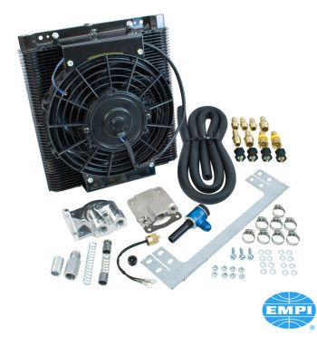 Oil cooler fan set, Bolt-On, with 96 plated. Includes oil cooler, 9 fan, hose, thermostat, pump cover, oil filter bracket, oil r