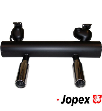 Exhaust rear, Sport, Classic Style, with two super tail pipes. Made of aluminised steel with black paint, tail pipes of polished