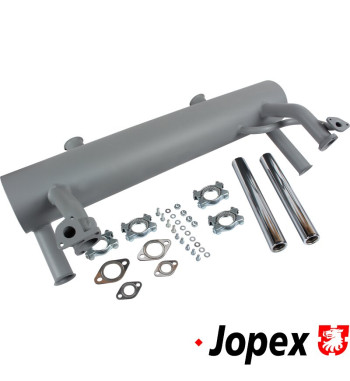 Exhaust set rear, with two tail pipes and mounting kit. Made of steel with grey paint, tail pipes of chromed steel. With TÜV/EEC