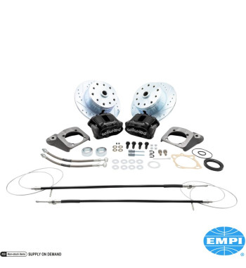 Disc brake conversion set, rear, with emergency brake, with black powder coated caliper, Wilwood. The kit includes all the parts