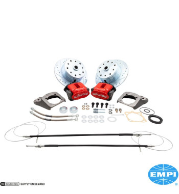 Disc brake conversion set, rear, with emergency brake, with red powder coated caliper, Wilwood. The kit includes all the parts y