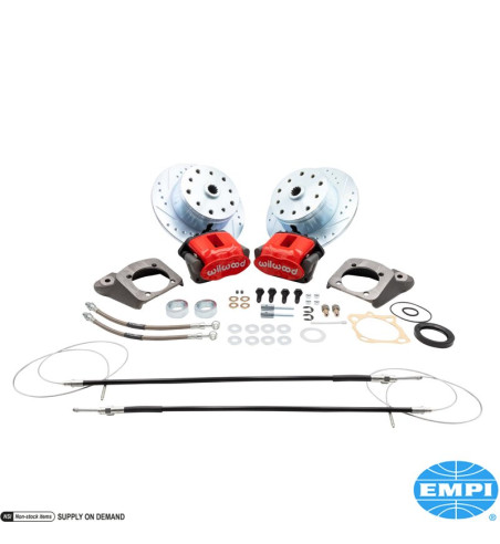 Disc brake conversion set, rear, with emergency brake, with red powder coated caliper, Wilwood. The kit includes all the parts y