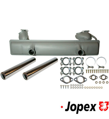 Exhaust set rear, with two tail pipes and mounting kit. Made of steel with grey paint, tail pipes of chromed steel. With TÜV/EEC