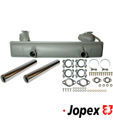 Exhaust set rear, with two tail pipes and mounting kit. Made of steel with grey paint, tail pipes of chromed steel. With TÜV/EEC