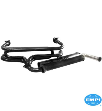 Exhaust system, Single Quiet, 1 3/8 tubing, small 3-bolt flange, with one tail pipe. Made of steel with black paint, tail pipe c