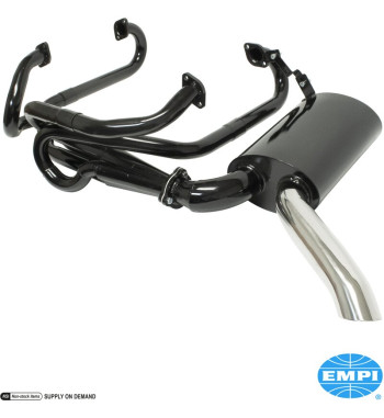 Exhaust system, Sideflow, 4 into 1 merged collectors, 1 1/2 tubing, with one tail pipe. Made of steel with black paint, tail pip