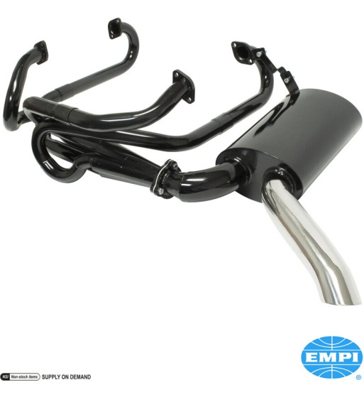 Exhaust system, Sideflow, 4 into 1 merged collectors, 1 1/2 tubing, with one tail pipe. Made of steel with black paint, tail pip