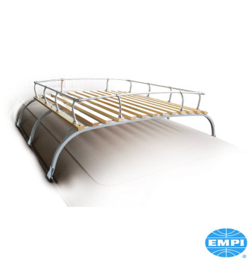 Roof luggage rack with wooden slats. Vintage look with silver powder coat and nice wood quality. Including mounting parts. Add's