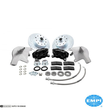 Disc brake conversion set, front, with drop spindle, with black powder coated 4 piston caliper, double drilled, 5x130 with 14x1,