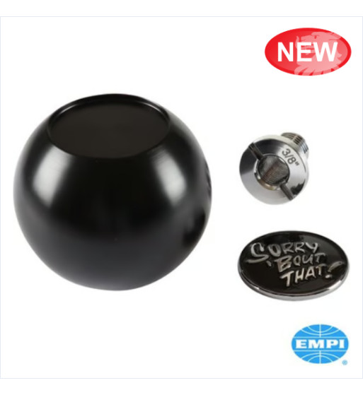Gear shift knob with Sorry 'Bout That! logo, universal with 4 thread variations