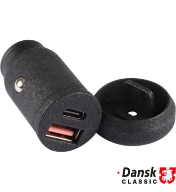 Cigarette lighter to USB-A and USB-C port adapter with black knob and black decor ring