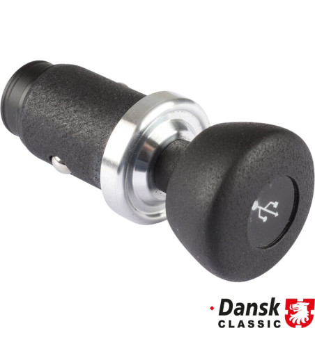 Cigarette lighter to USB-A and USB-C port adapter with black knob and polished decor ring