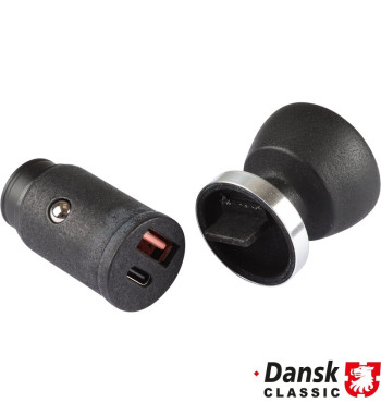 Cigarette lighter to USB-A and USB-C port adapter with black knob and polished decor ring