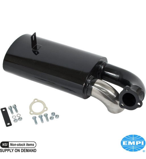 Exhaust rear, Sideflow, with one tail pipe. Made of steel with black paint, tail pipe in stainless steel