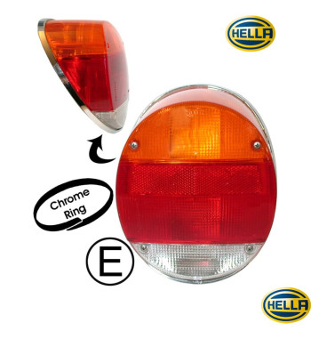 Lampa tylna z czerwono-pomarańczowo-przezroczystym szkłem i chromowaną ramką, Ultima Edition Style, lewa/prawa, ze znakiem E